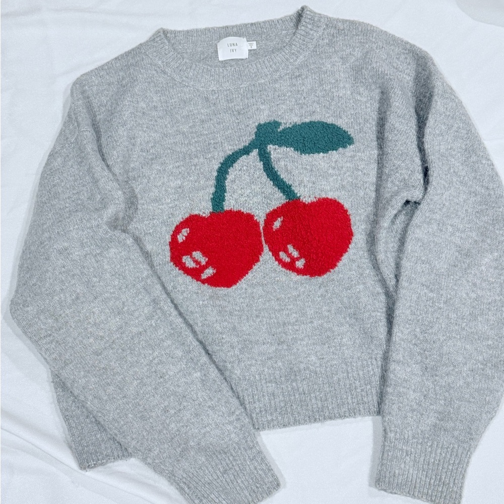 Chic Gray Sweater with Red Cherry Design
